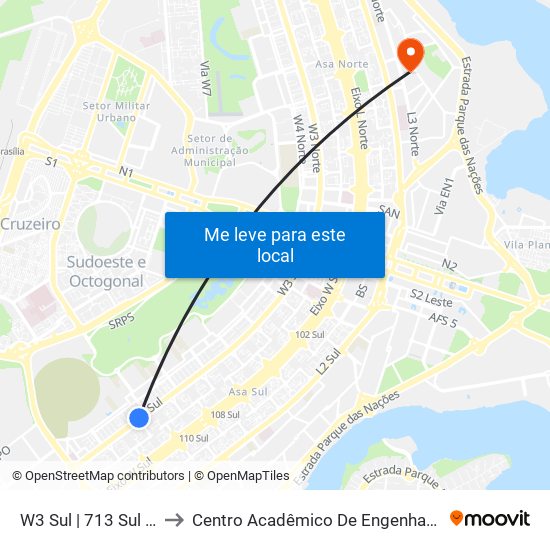 W3 Sul | 713 Sul (UNIP) to Centro Acadêmico De Engenharia Florestal map