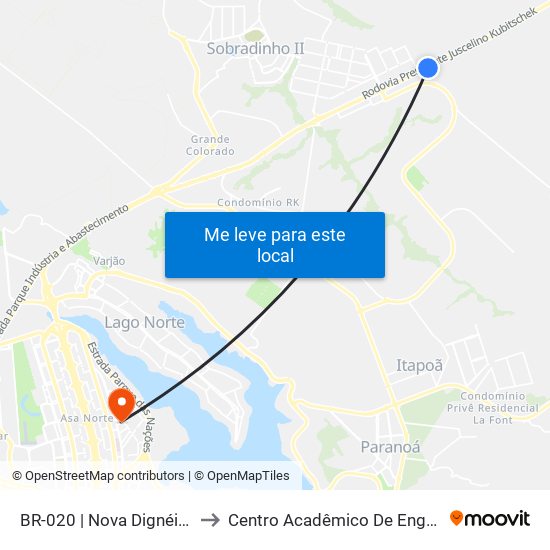 BR-020 | Nova Dignéia / Quadra 18 to Centro Acadêmico De Engenharia Florestal map