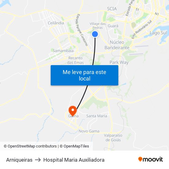 Arniqueiras to Hospital Maria Auxiliadora map