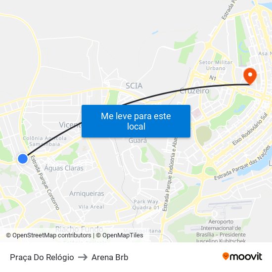 Praça Do Relógio to Arena Brb map