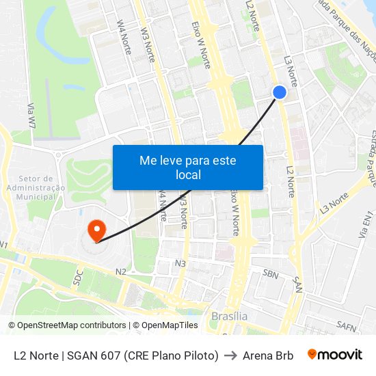 L2 Norte | Sgan 607 (Brasília Medical Center / Cean) to Arena Brb map