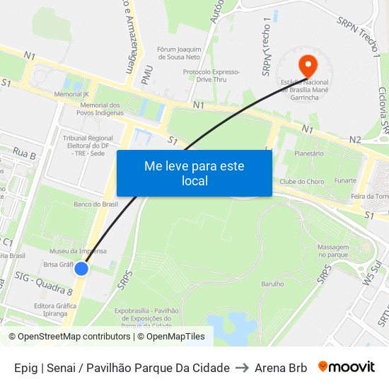 Epig | Senai / Pavilhão Parque Da Cidade to Arena Brb map