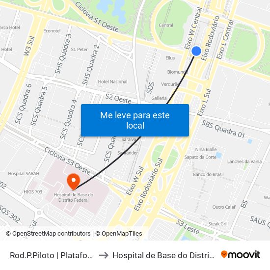 Rod.P.Piloto | Plataforma D (Box 16) to Hospital de Base do Distrito Federal (HBDF) map