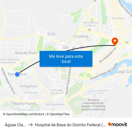 Águas Claras to Hospital de Base do Distrito Federal (HBDF) map