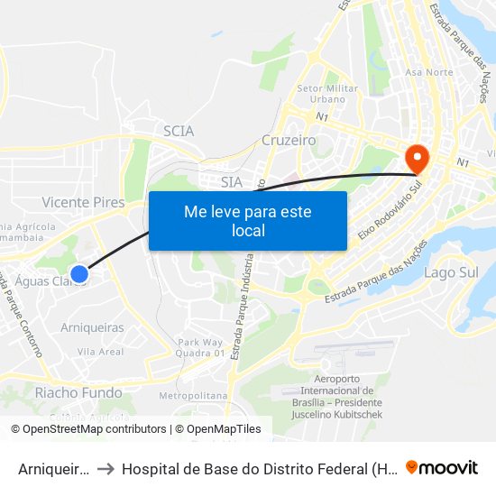 Arniqueiras to Hospital de Base do Distrito Federal (HBDF) map