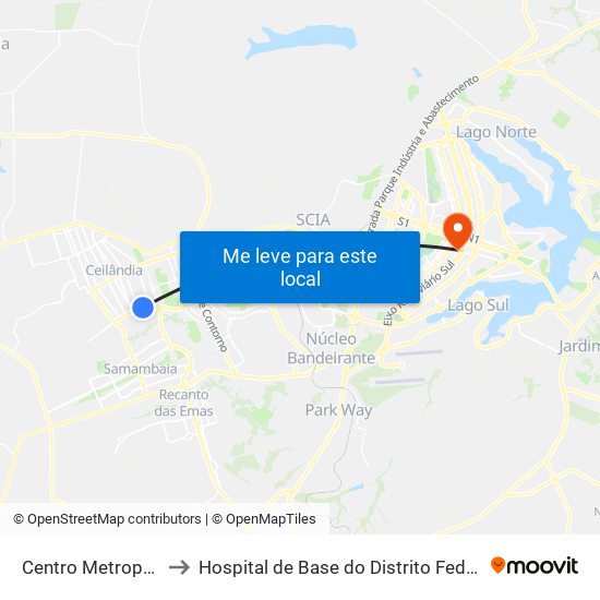 Centro Metropolitano to Hospital de Base do Distrito Federal (HBDF) map