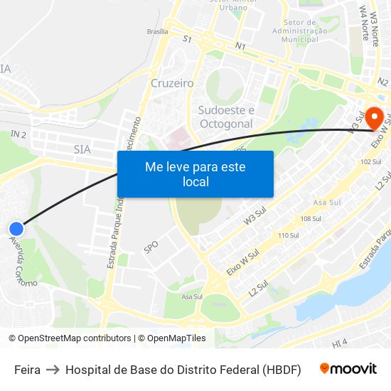 Feira to Hospital de Base do Distrito Federal (HBDF) map