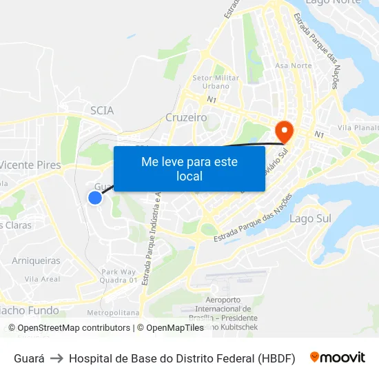 Guará to Hospital de Base do Distrito Federal (HBDF) map