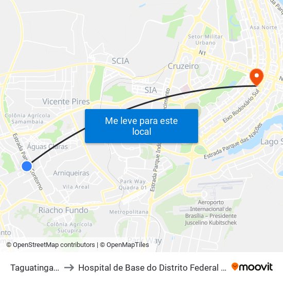 Taguatinga Sul to Hospital de Base do Distrito Federal (HBDF) map