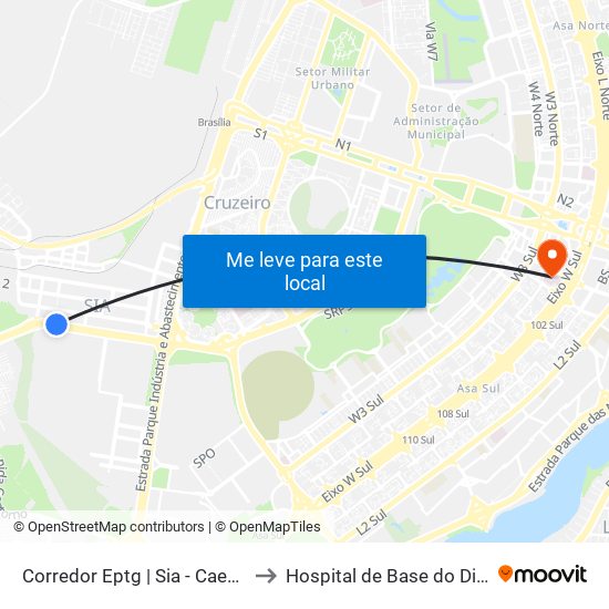 Corredor Eptg | Sia - Caesb (Sentido Taguatinga) to Hospital de Base do Distrito Federal (HBDF) map