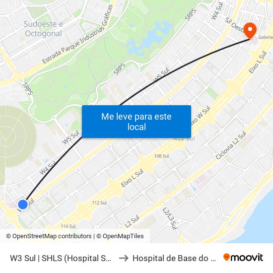 W3 Sul | Setor Hospitalar Local Sul (Pão De Açúcar) to Hospital de Base do Distrito Federal (HBDF) map