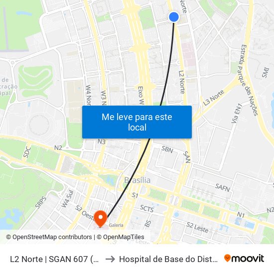 L2 Norte | Sgan 607 (Brasília Medical Center / Cean) to Hospital de Base do Distrito Federal (HBDF) map