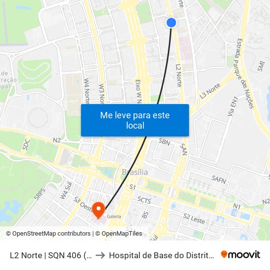 L2 Norte | Sqn 406 (Unb / Odonto Hub) to Hospital de Base do Distrito Federal (HBDF) map