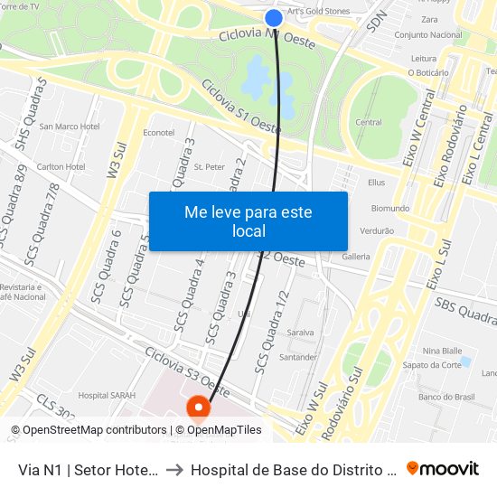 Via N1 | Setor Hoteleiro Norte to Hospital de Base do Distrito Federal (HBDF) map