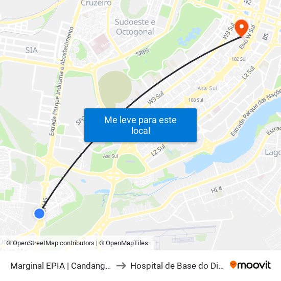 Marginal EPIA Sul | Candangolândia «Oposto» to Hospital de Base do Distrito Federal (HBDF) map