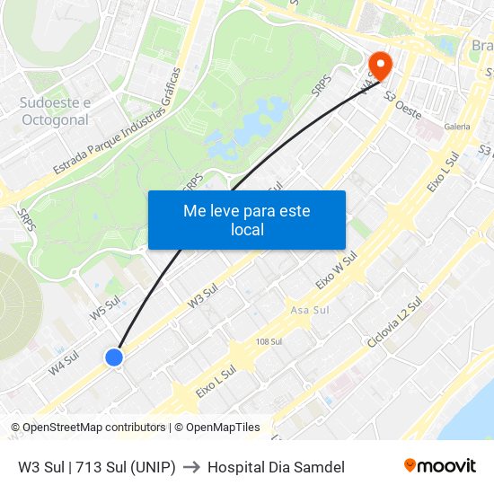 W3 Sul | 713 Sul (Unip) to Hospital Dia Samdel map