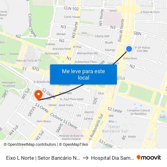 Eixo L Norte | Setor Bancário Norte to Hospital Dia Samdel map