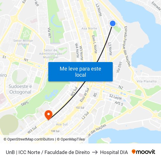 UnB | ICC Norte / Faculdade de Direito to Hospital DIA map