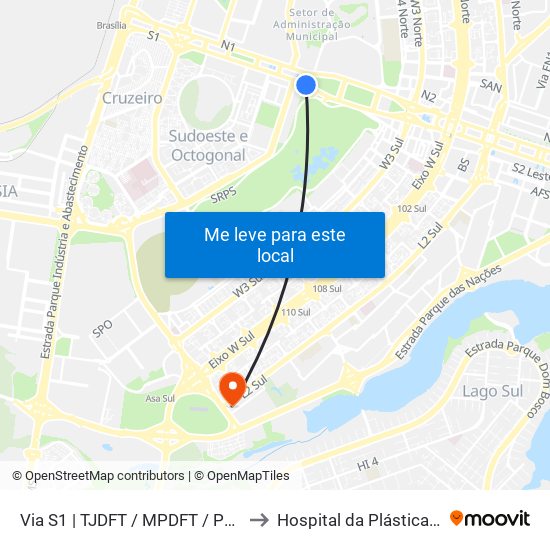 Via S1 | TJDFT / MPDFT / Palácio do Buriti to Hospital da Plástica de Brasília map