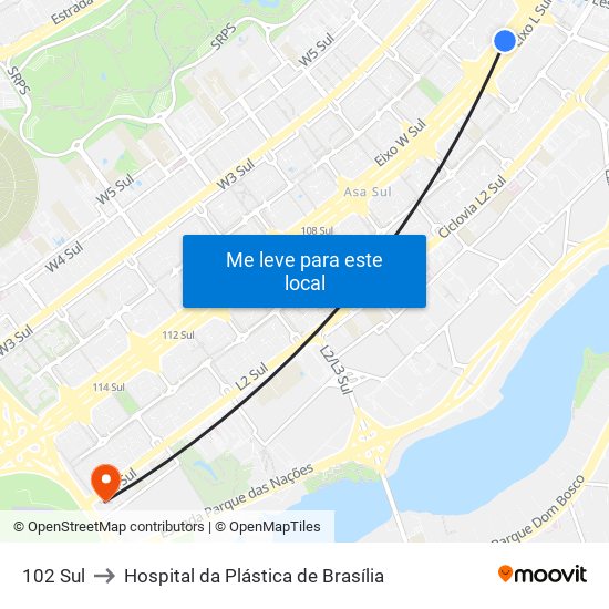 102 Sul to Hospital da Plástica de Brasília map