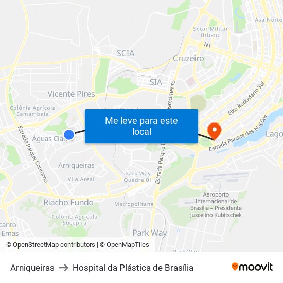 Arniqueiras to Hospital da Plástica de Brasília map