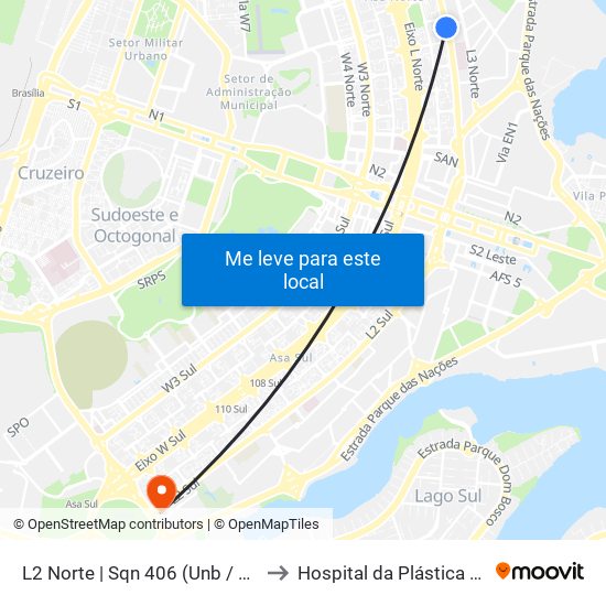 L2 Norte | Sqn 406 (Unb / Odonto Hub) to Hospital da Plástica de Brasília map