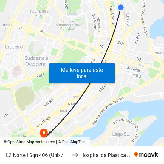 L2 Norte | SQN 406 (UnB / CEAN) to Hospital da Plástica de Brasília map