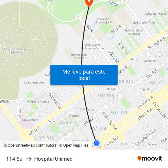 114 Sul to Hospital Unimed map