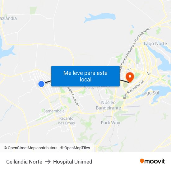 Ceilândia Norte to Hospital Unimed map