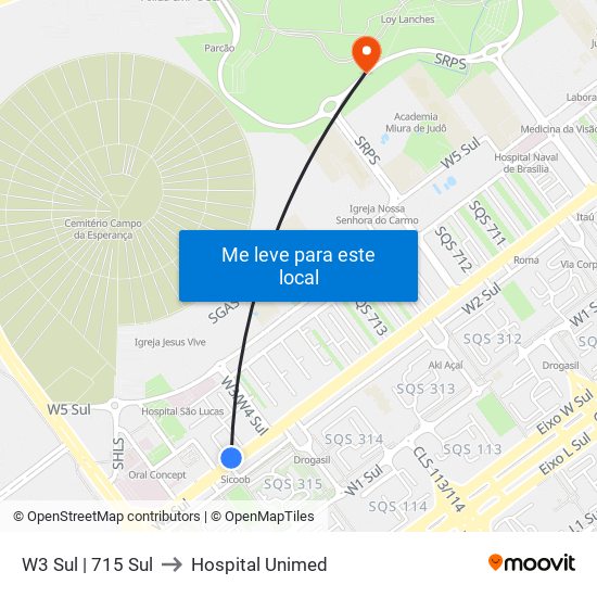 W3 Sul | 715 Sul to Hospital Unimed map