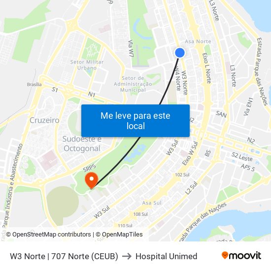 W3 Norte | 707 Norte (CEUB) to Hospital Unimed map