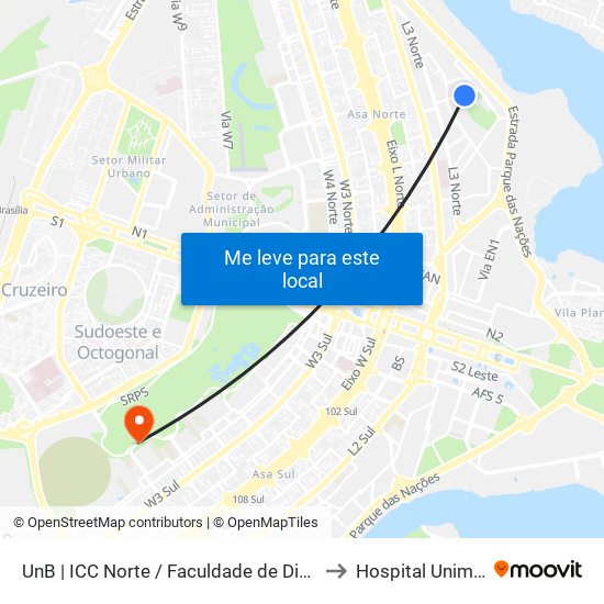 UnB | ICC Norte / Faculdade de Direito to Hospital Unimed map