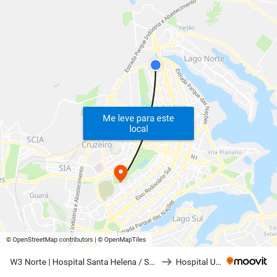 W3 Norte | Hospital Santa Helena / Santa Lúcia Norte to Hospital Unimed map