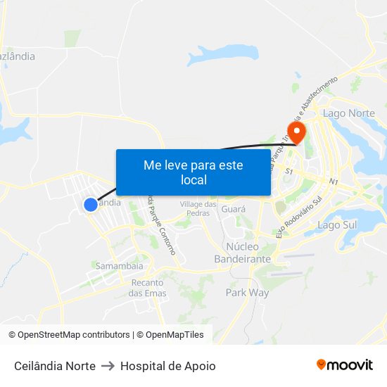Ceilândia Norte to Hospital de Apoio map