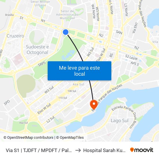 Via S1 | Tjdft / Mpdft / Palácio Do Buriti to Hospital Sarah Kubitscheck map