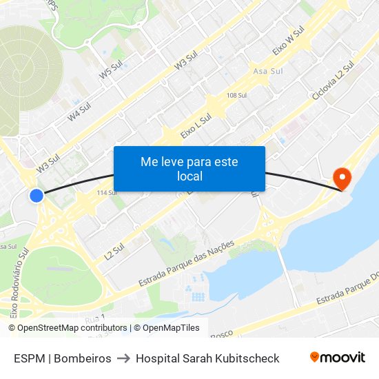 ESPM | Bombeiros to Hospital Sarah Kubitscheck map