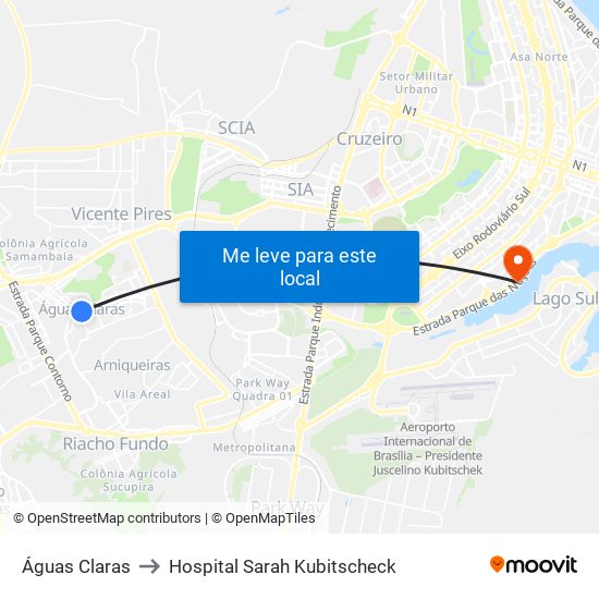 Águas Claras to Hospital Sarah Kubitscheck map