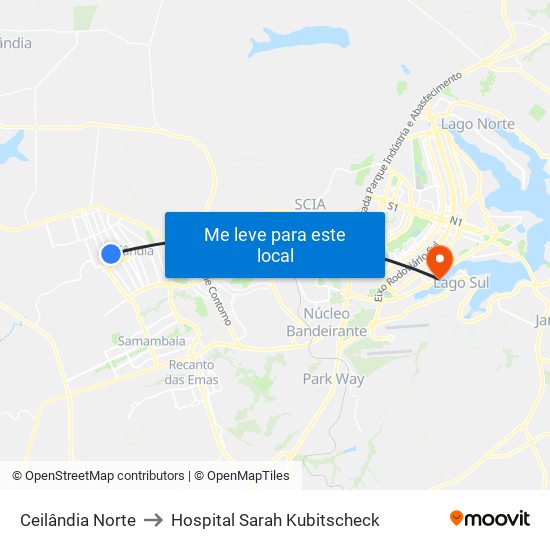 Ceilândia Norte to Hospital Sarah Kubitscheck map