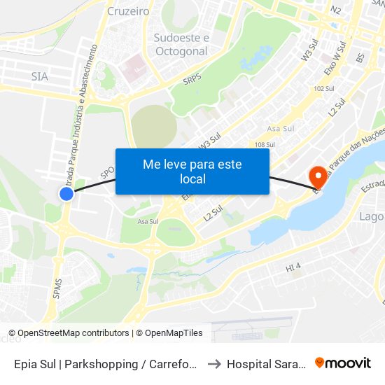 Epia Sul | Parkshopping / Carrefour / Rod. Interestadual / Assaí to Hospital Sarah Kubitscheck map