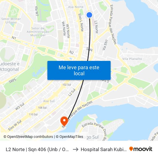 L2 Norte | Sqn 406 (Unb / Odonto Hub) to Hospital Sarah Kubitscheck map