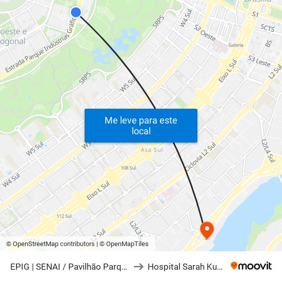 Epig | Senai / Pavilhão Parque Da Cidade to Hospital Sarah Kubitscheck map