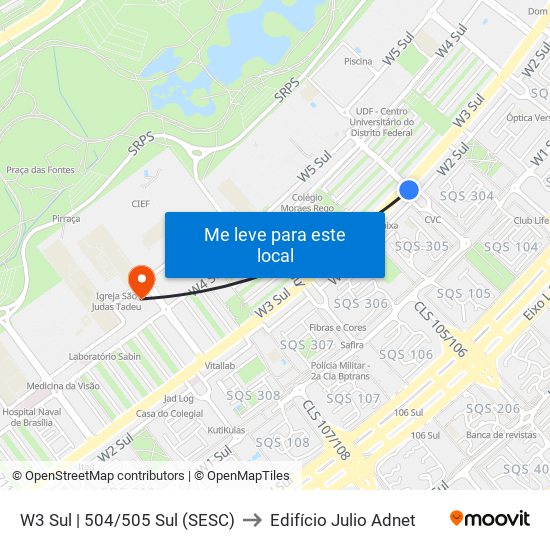 W3 Sul | 504/505 Sul (Sesc) to Edifício Julio Adnet map