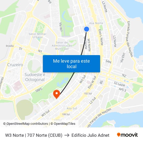 W3 Norte | 707 Norte (Ceub) to Edifício Julio Adnet map