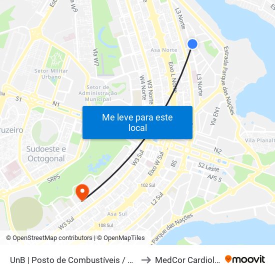 UnB | Posto de Combustíveis / Subway to MedCor Cardiologia map