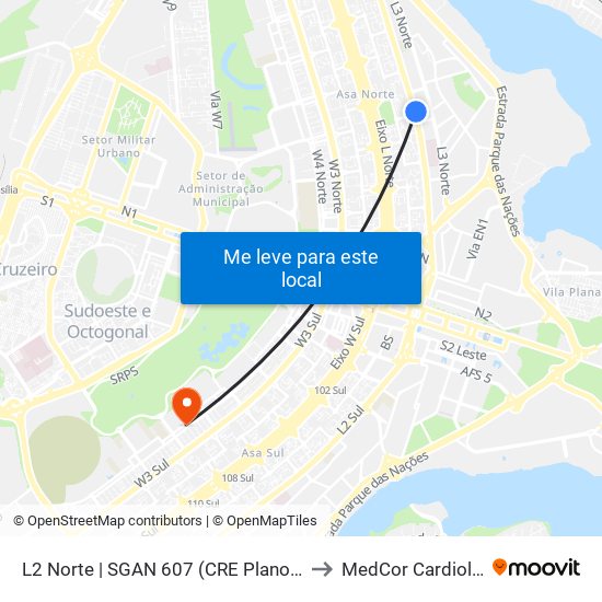 L2 Norte | Sgan 607 (Brasília Medical Center / Cean) to MedCor Cardiologia map