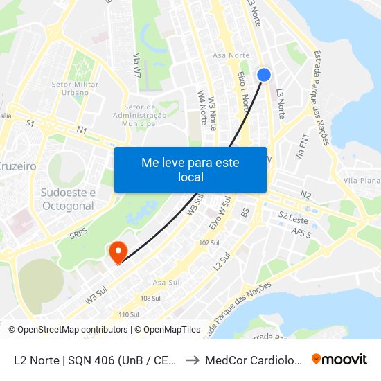 L2 Norte | SQN 406 (UnB / CEAN) to MedCor Cardiologia map