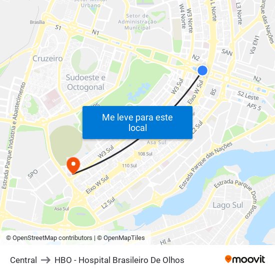 Central to HBO - Hospital Brasileiro De Olhos map