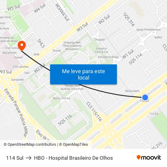 114 Sul to HBO - Hospital Brasileiro De Olhos map