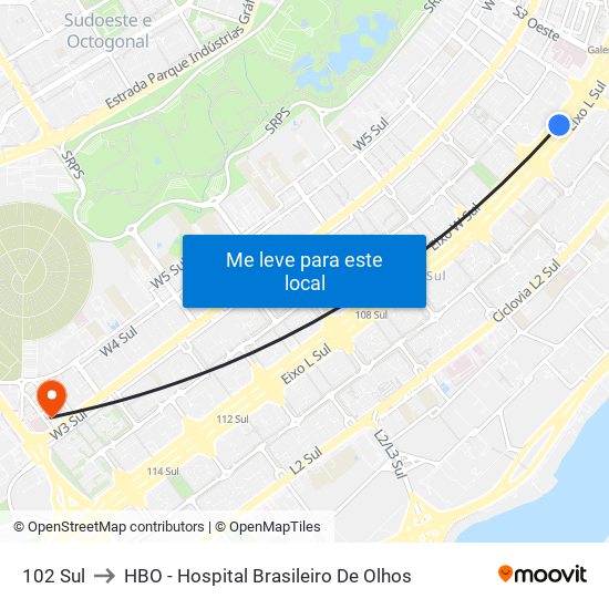 102 Sul to HBO - Hospital Brasileiro De Olhos map