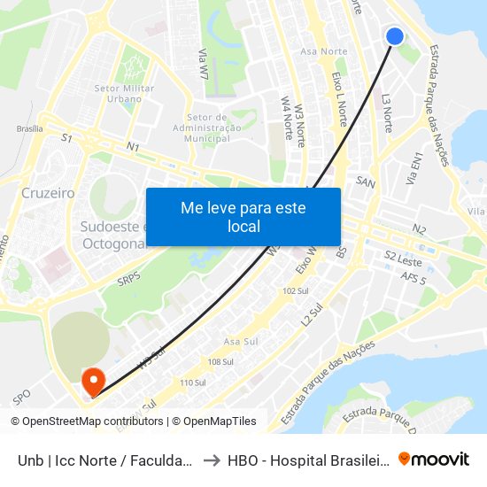 Unb | Icc Norte / Faculdade De Direito to HBO - Hospital Brasileiro De Olhos map